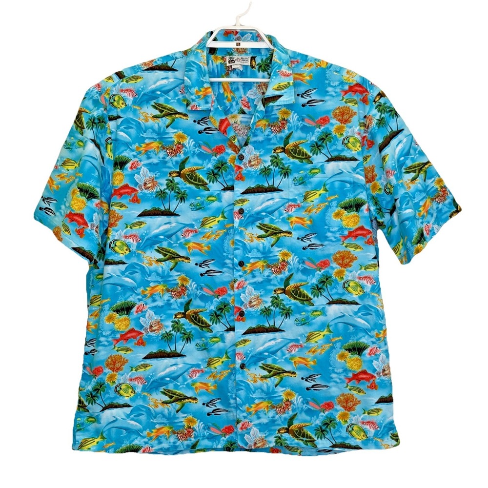 Vintage Aloha Republic Camp Hawaiian Shirt Mens Sz 2XL XXL Blue Sea Animals USA